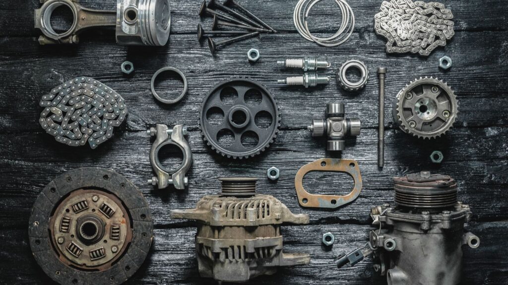 An assortment of motorcycle parts