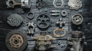 An assortment of motorcycle parts