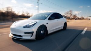 A white tesla without a license plate driving down the road.