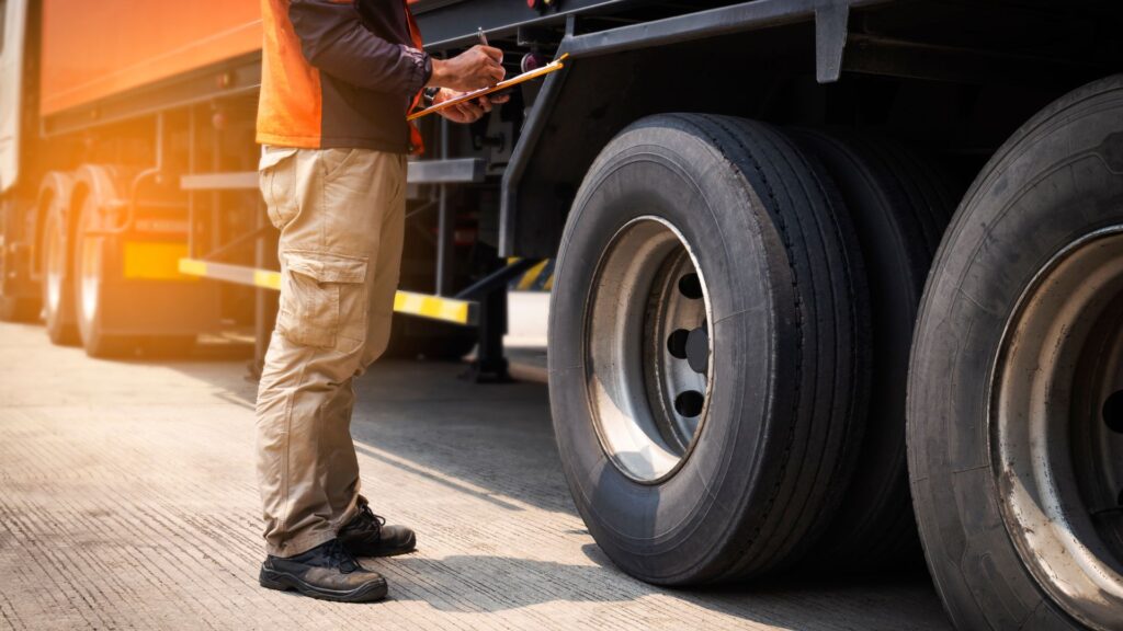 A person inspecting a truck.