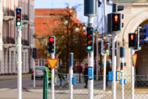 A row of traffic lights.